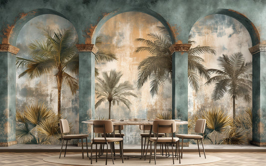 Tropical Arches Palm Trees Tropical Wallpaper – detail view, Golden Era Walls