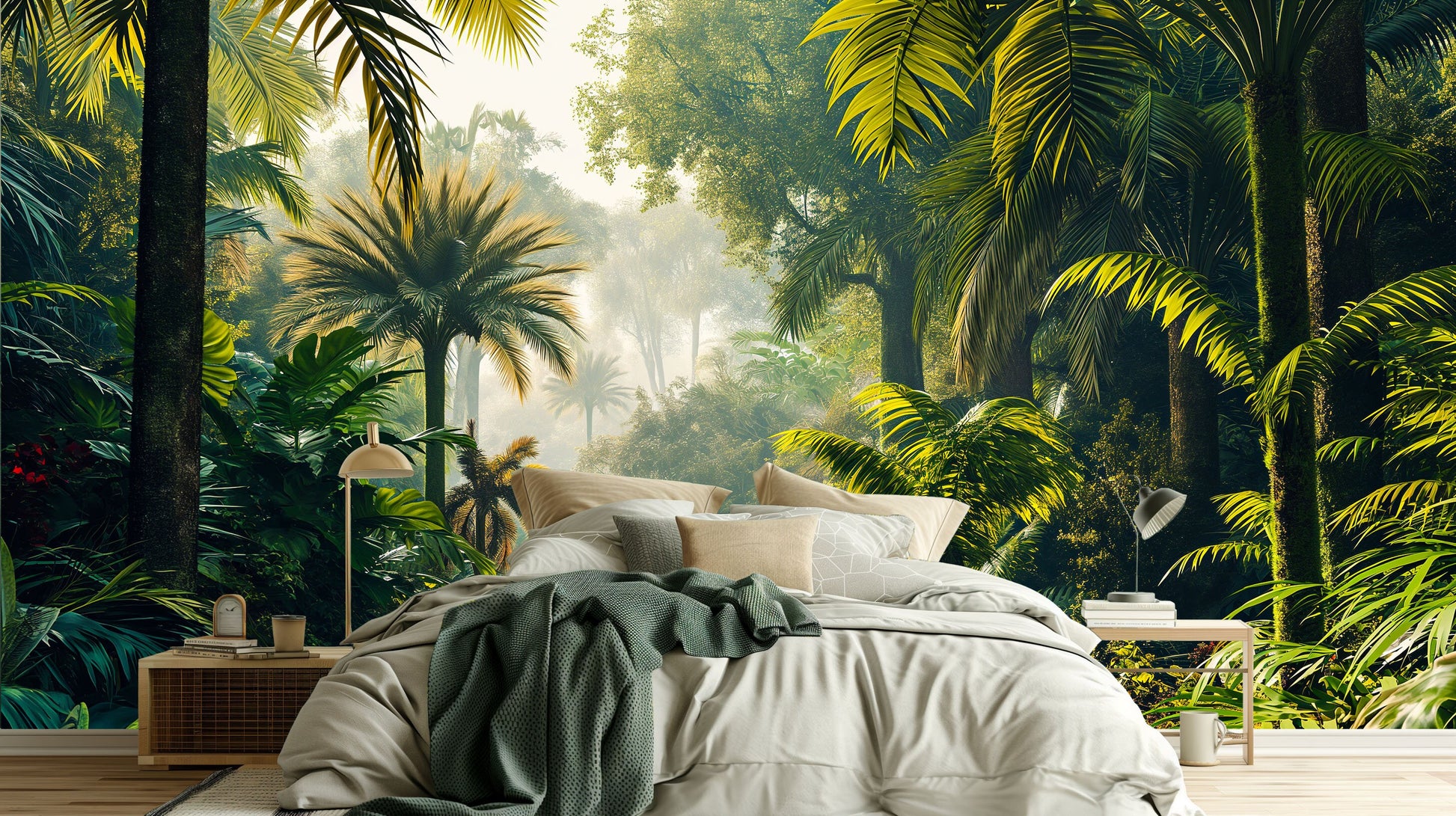 Tropical Rainforest Palm Tree Tropical Wallpaper – room setting, Golden Era Walls
