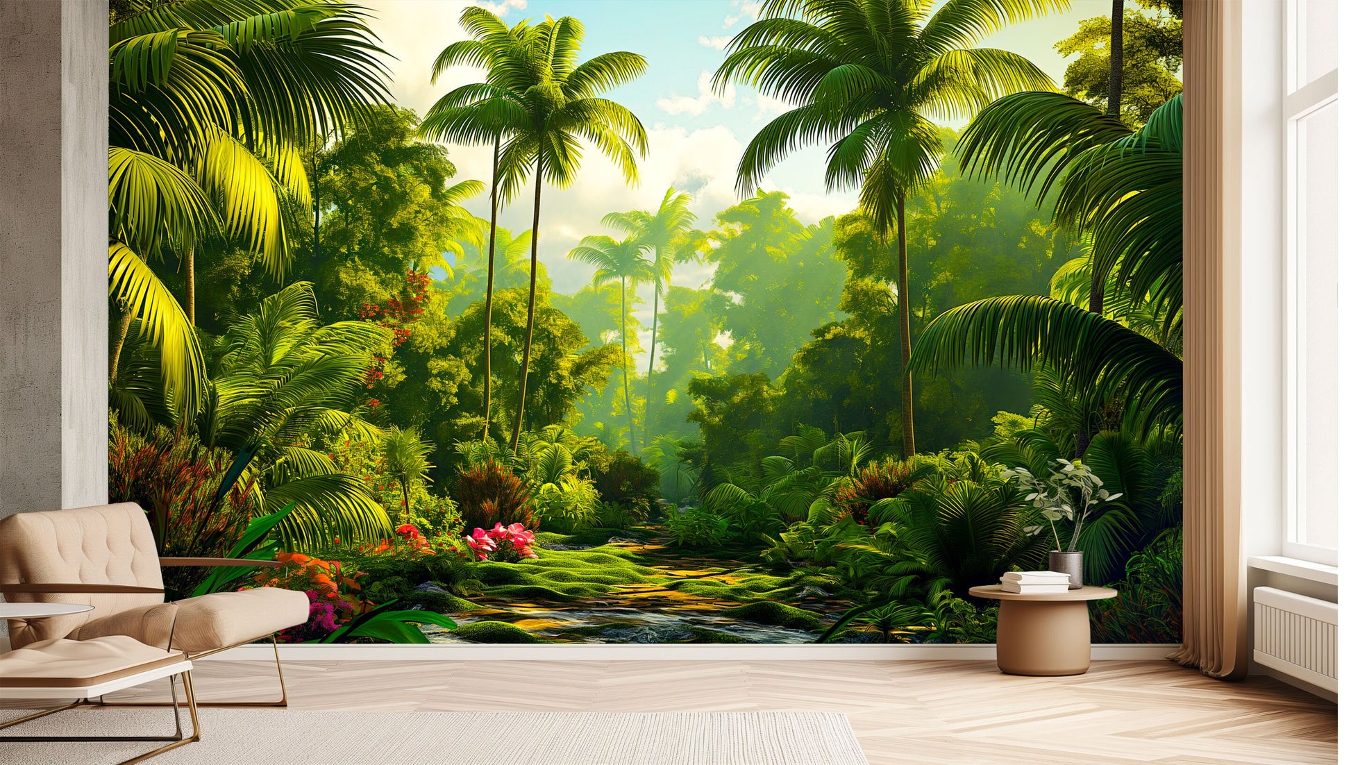 Jungle Plants Palm Tree Tropical Wallpaper – lifestyle view, Golden Era Walls
