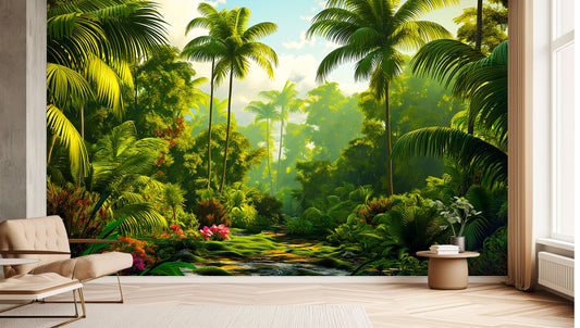 Jungle Plants Palm Tree Tropical Wallpaper – lifestyle view, Golden Era Walls