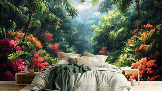 Watercolor Tropical Forest Tropical Wallpaper – lifestyle view, Golden Era Walls