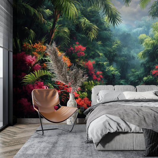 Watercolor Tropical Forest Tropical Wallpaper – room setting, Golden Era Walls