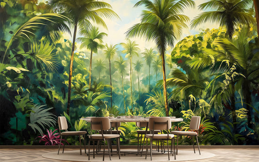 Watercolor Tropical Forest Lush Tropical Wallpaper – room setting, Golden Era Walls