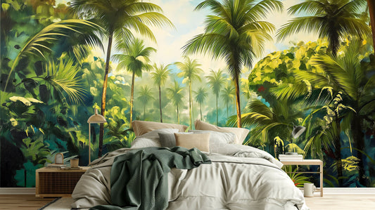 Watercolor Tropical Forest Lush Tropical Wallpaper – lifestyle view, Golden Era Walls
