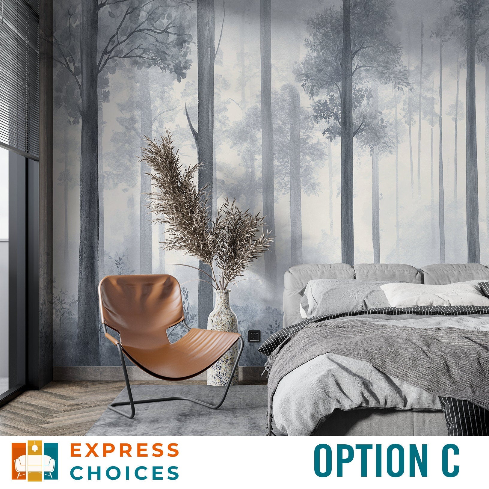 Grayscale Pine Tree Forest Wallpaper – lifestyle view, Golden Era Walls