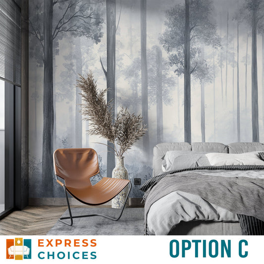 Grayscale Pine Tree Forest Wallpaper – lifestyle view, Golden Era Walls