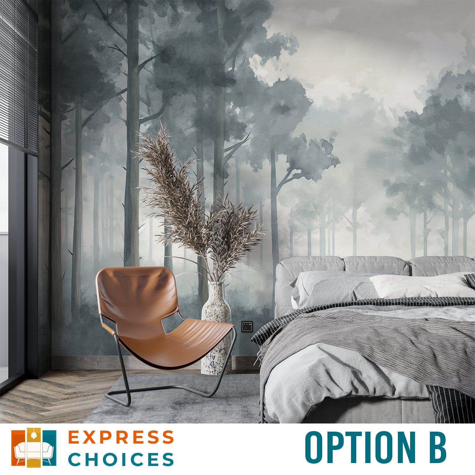 Grayscale Pine Tree Forest Wallpaper – room setting, Golden Era Walls