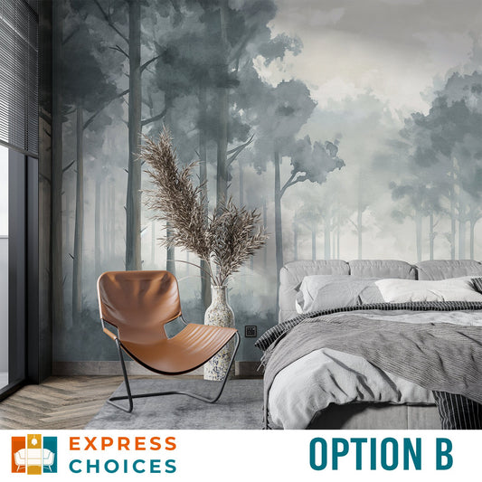 Grayscale Pine Tree Forest Wallpaper – room setting, Golden Era Walls