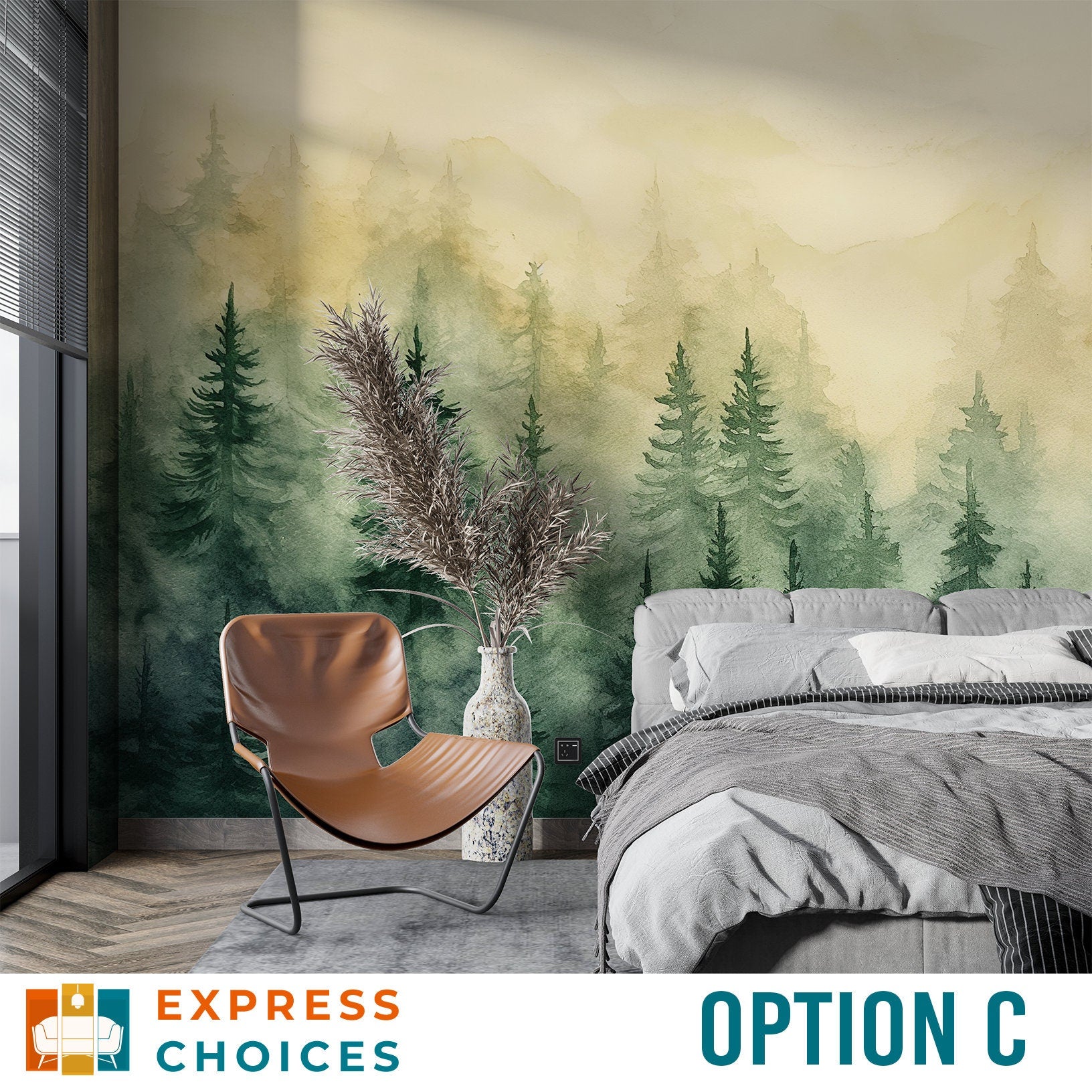 Misty Forest Landscape Watercolor Tropical Wallpaper – alternate view, Golden Era Walls