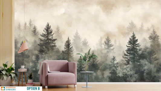 Misty Forest Landscape Watercolor Tropical Wallpaper – room setting, Golden Era Walls