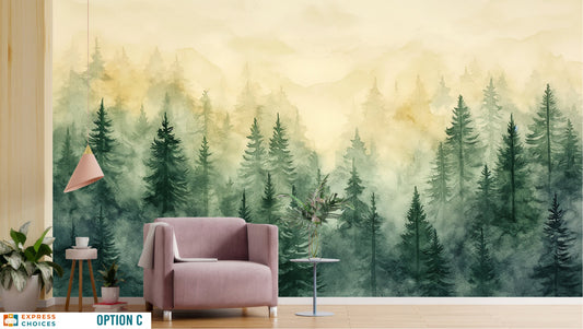 Misty Forest Landscape Watercolor Tropical Wallpaper – lifestyle view, Golden Era Walls