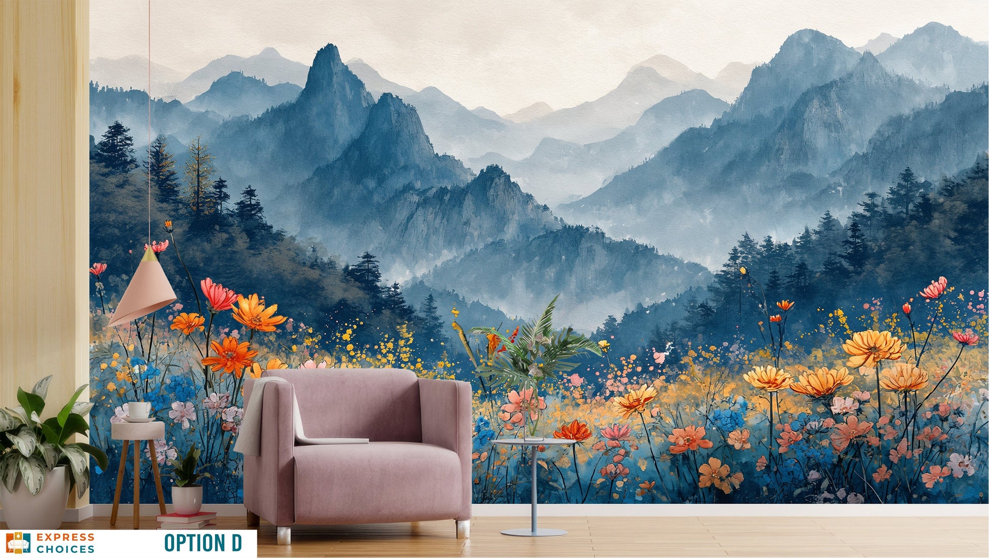 Mountain Trees Self Adhesive Wallpaper – detail view, Golden Era Walls