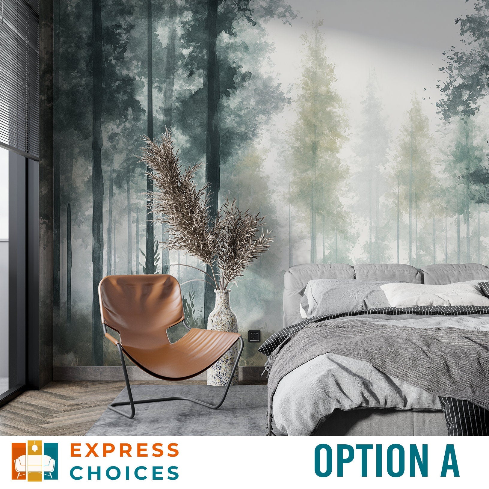 Soft Watercolor Forest Pine Wallpaper – scale reference, Golden Era Walls