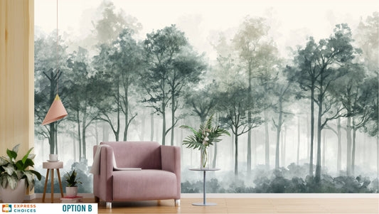 Soft Watercolor Forest Pine Wallpaper – room setting, Golden Era Walls