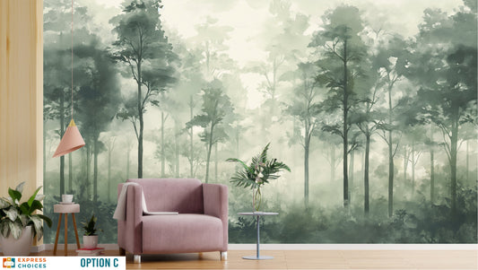 Soft Watercolor Forest Pine Wallpaper – lifestyle view, Golden Era Walls