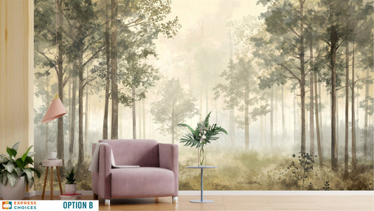 Watercolor Forest Pine Tree Wallpaper – lifestyle view, Golden Era Walls