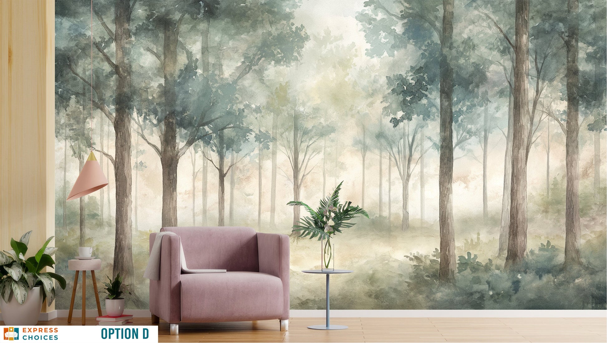 Watercolor Forest Pine Tree Wallpaper – scale reference, Golden Era Walls