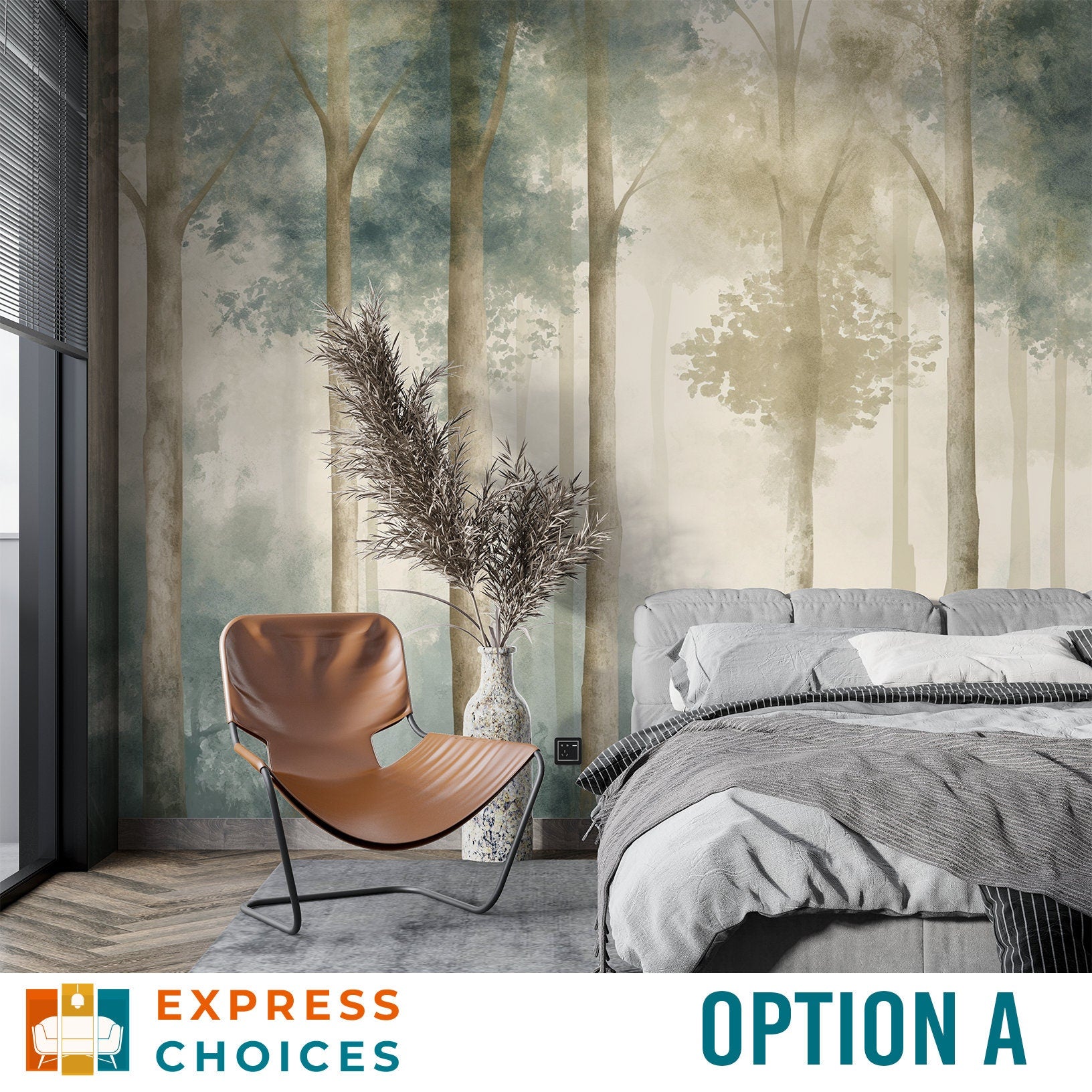 Watercolor Forest Pine Tree Wallpaper – alternate view, Golden Era Walls