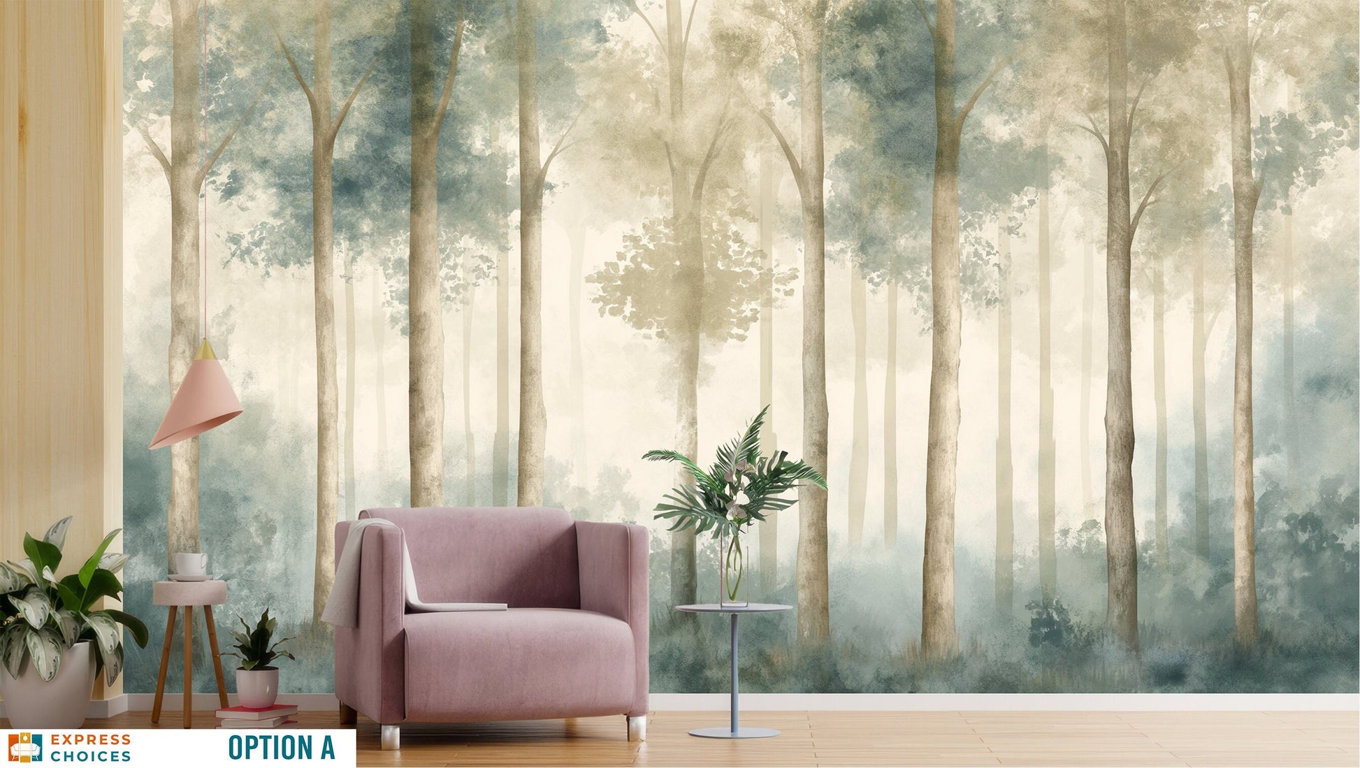Watercolor Forest Pine Tree Wallpaper – room setting, Golden Era Walls