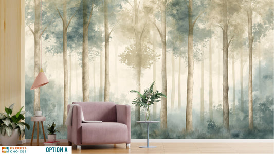 Watercolor Forest Pine Tree Wallpaper – room setting, Golden Era Walls