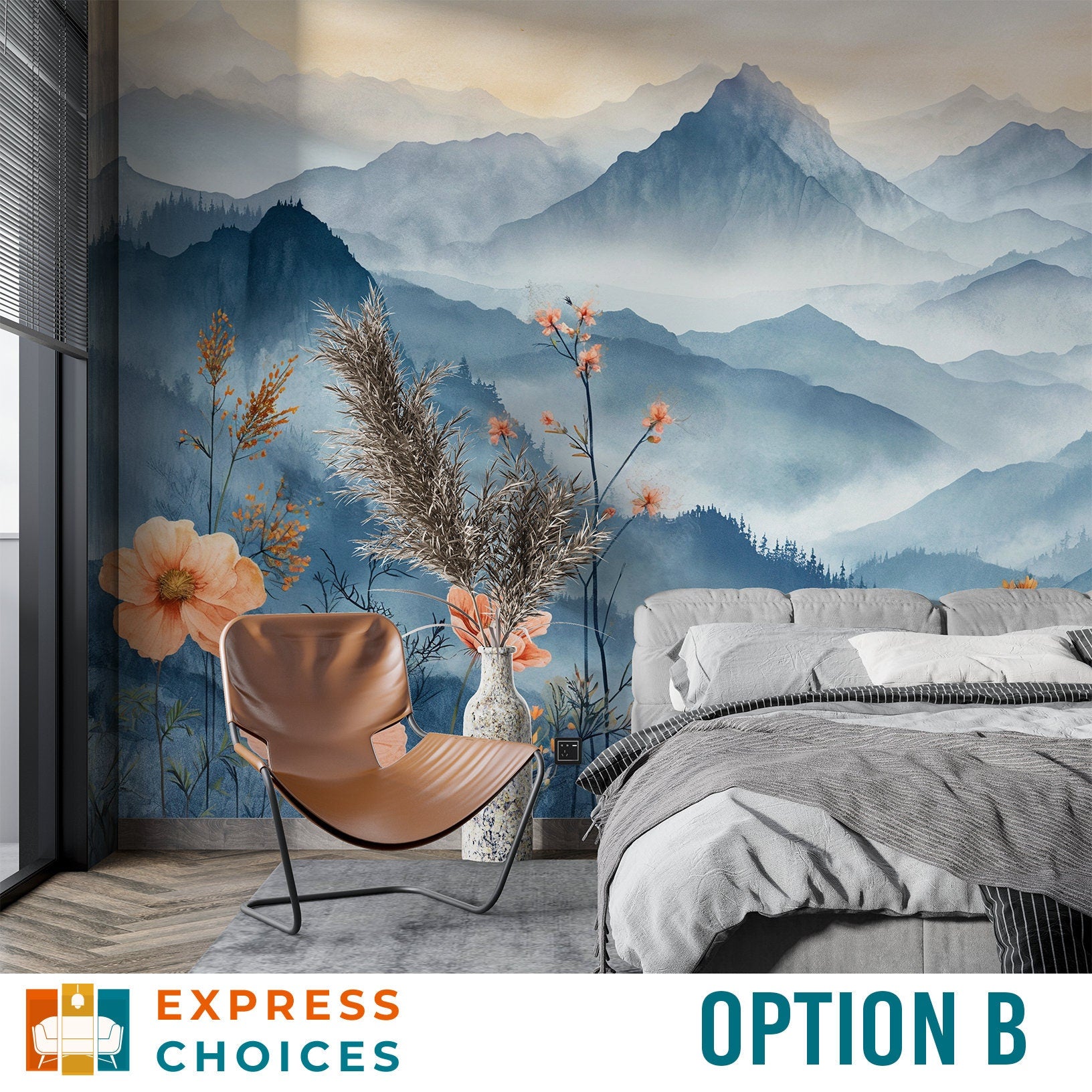 Spring Flowers Foggy Watercolor Floral Wallpaper – room setting, Golden Era Walls