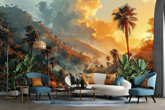 Golden Sunrise Palm Silhouettes Tropical Wallpaper – room setting, Golden Era Walls