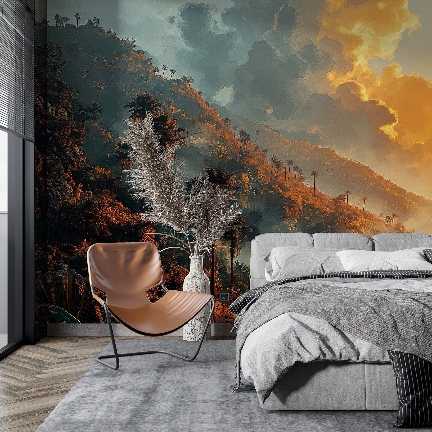 Golden Sunrise Palm Silhouettes Tropical Wallpaper – scale reference, Golden Era Walls
