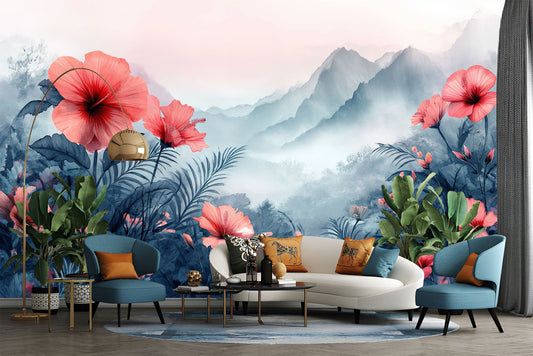 Red Flowers Mist Tranquil Floral Wallpaper – peel and stick wallpaper mural, Golden Era Walls