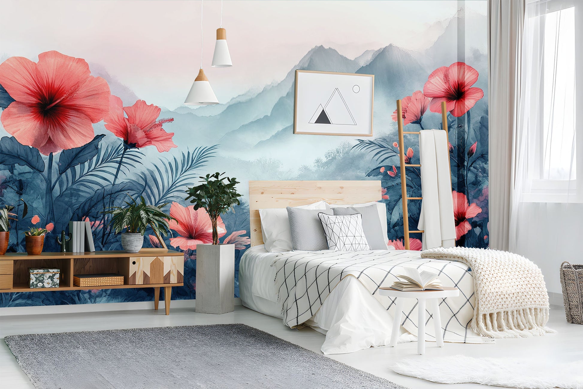Red Flowers Mist Tranquil Floral Wallpaper – lifestyle view, Golden Era Walls