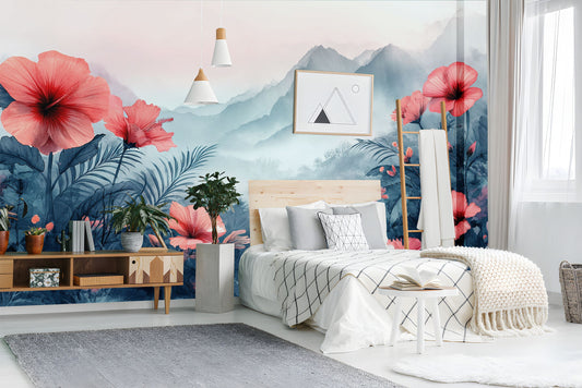 Red Flowers Mist Tranquil Floral Wallpaper – lifestyle view, Golden Era Walls