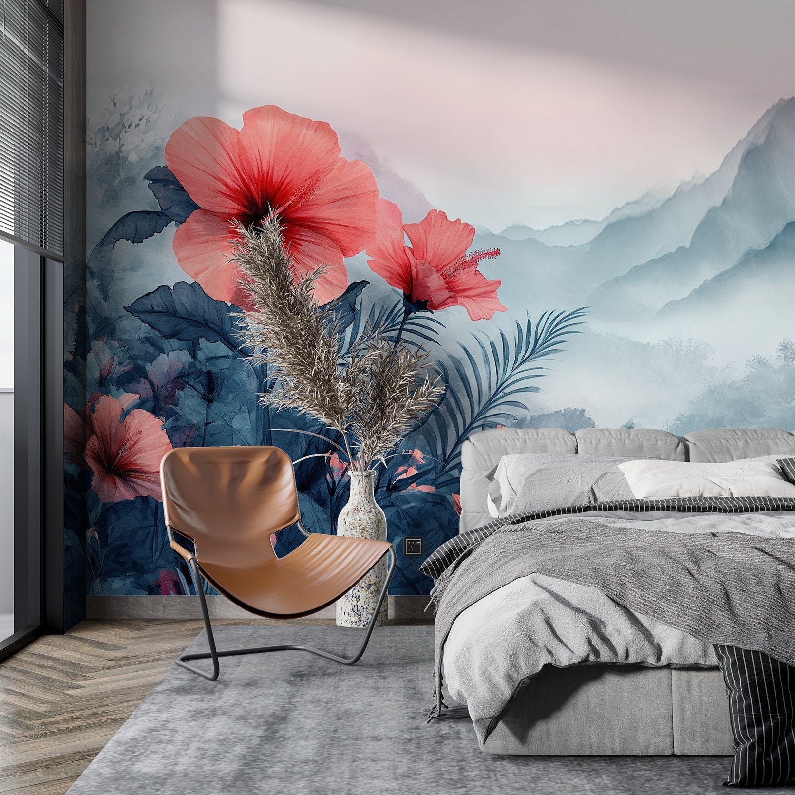 Red Flowers Mist Tranquil Floral Wallpaper – scale reference, Golden Era Walls