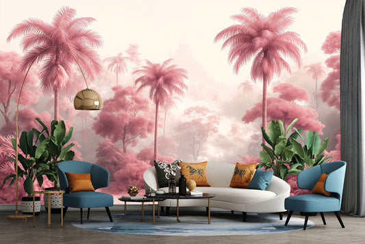 Soft Pink Wilderness Serene Wallpaper – room setting, Golden Era Walls