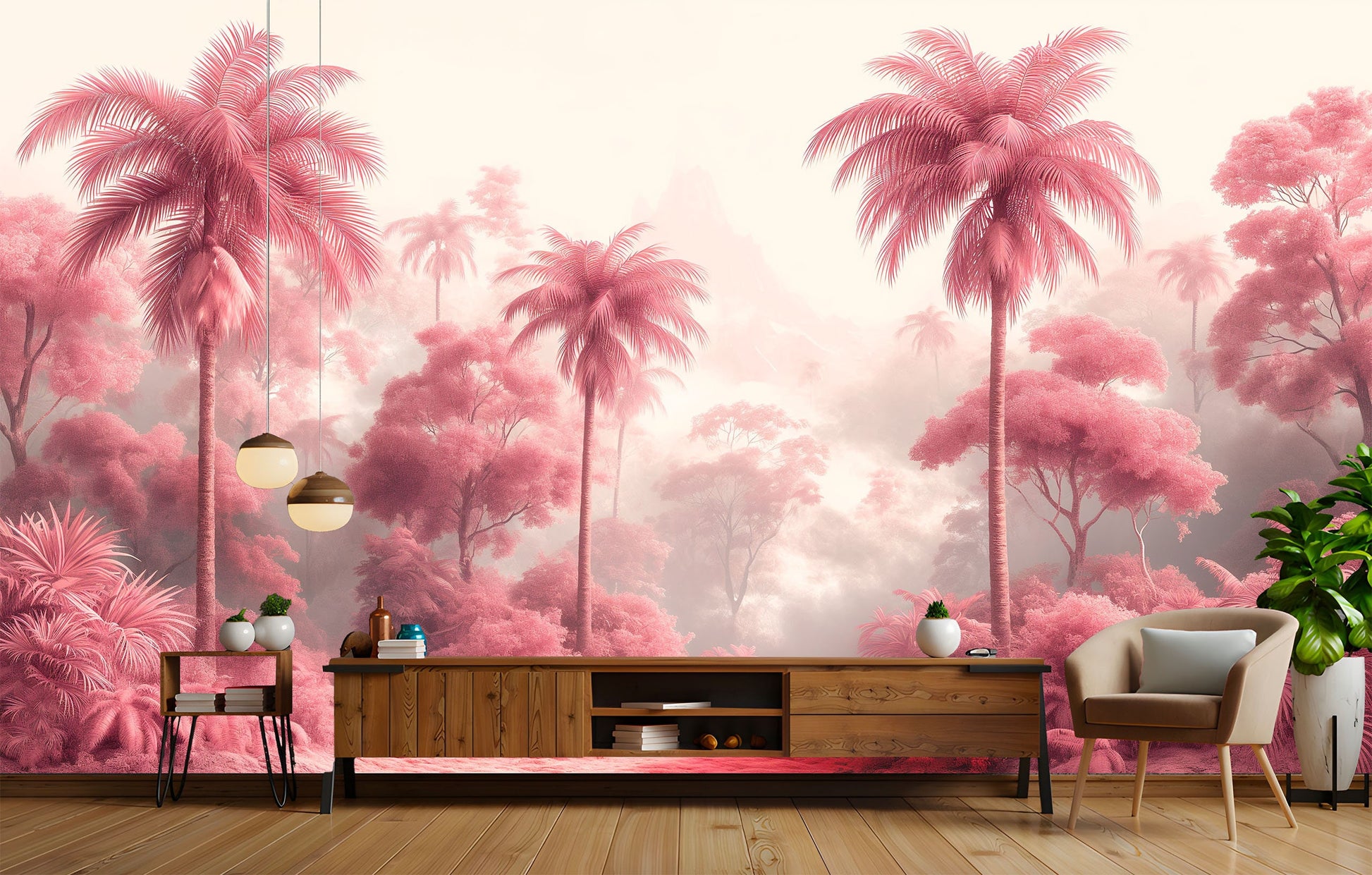 Soft Pink Wilderness Serene Wallpaper – lifestyle view, Golden Era Walls