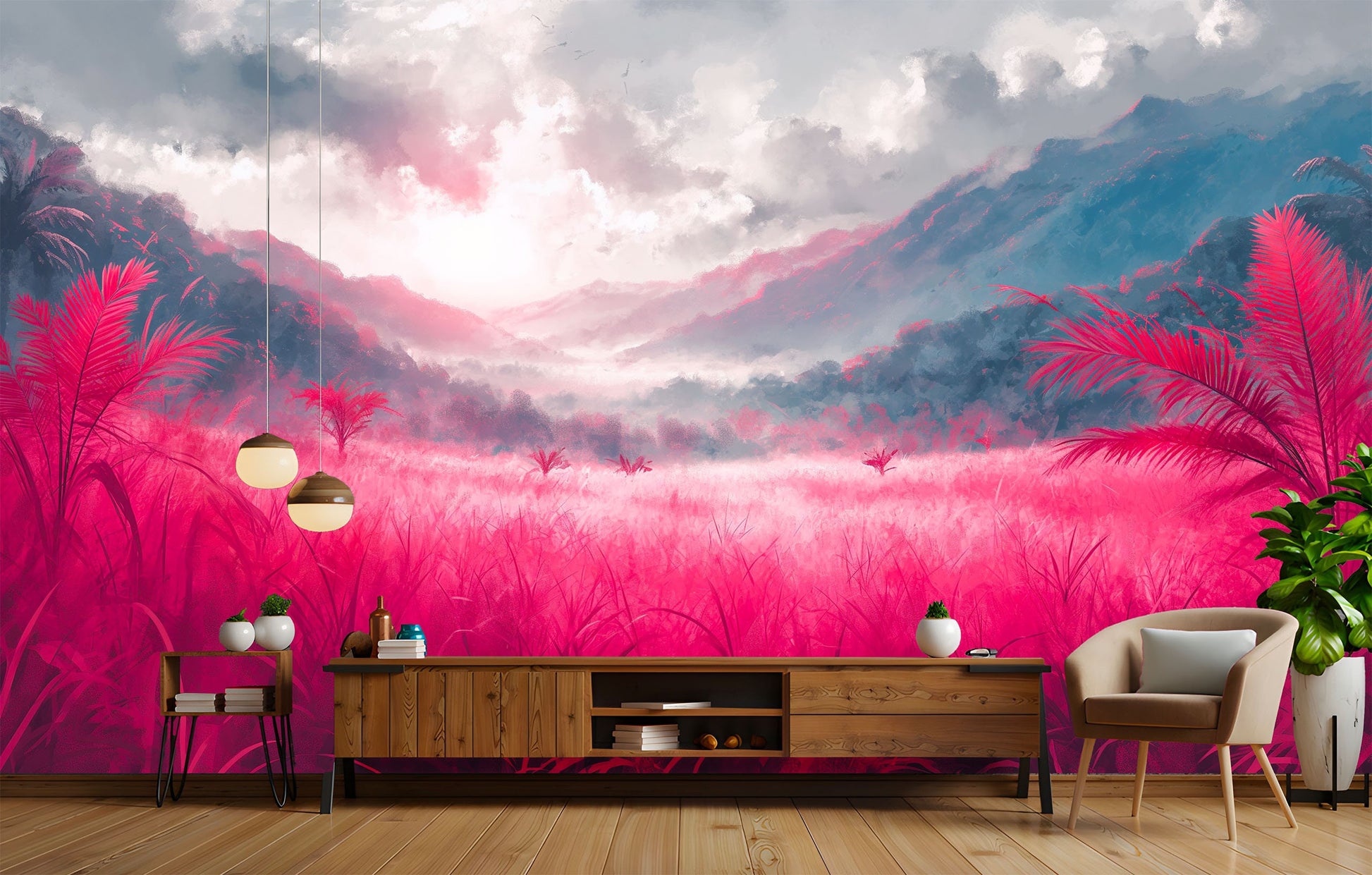 Surreal Digital Art Vibrant Wallpaper – room setting, Golden Era Walls