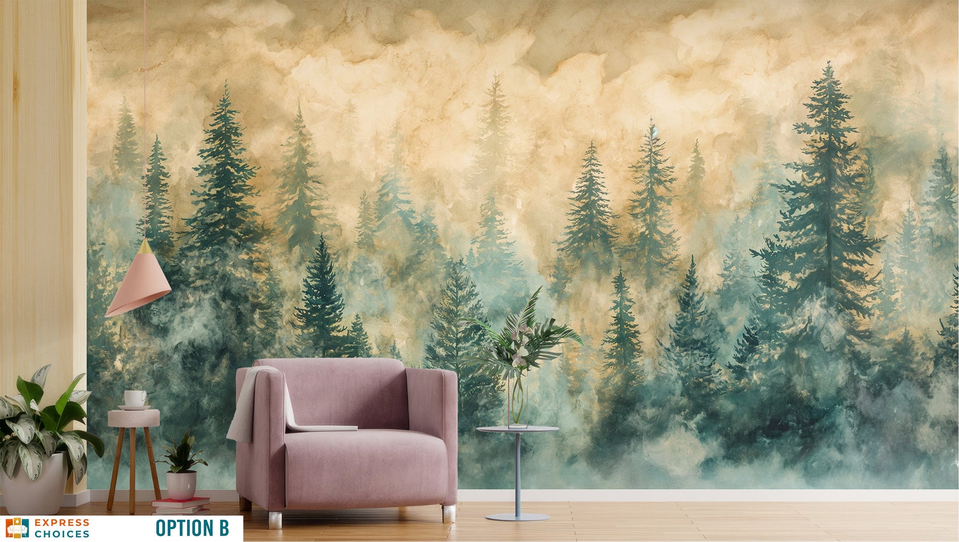 Forest Woodland Forest Watercolor Wallpaper – room setting, Golden Era Walls