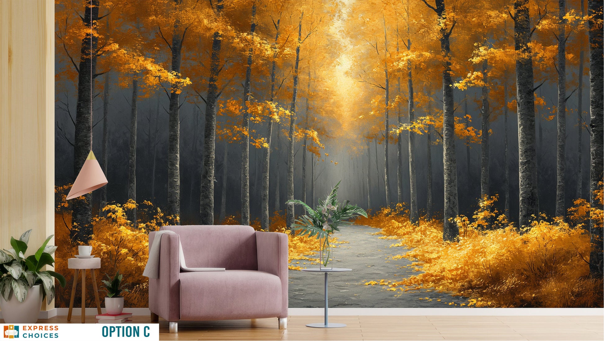 Gold Tree Forest View Wallpaper – scale reference, Golden Era Walls