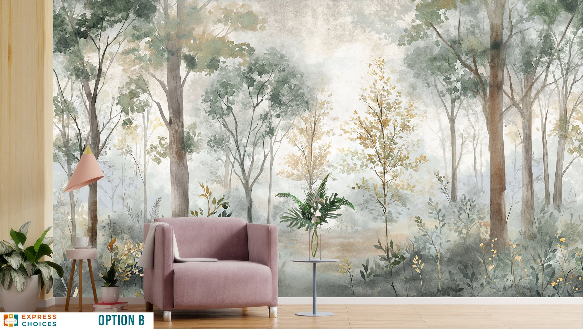 Watercolor Forest Self Adhesive Wallpaper – room setting, Golden Era Walls