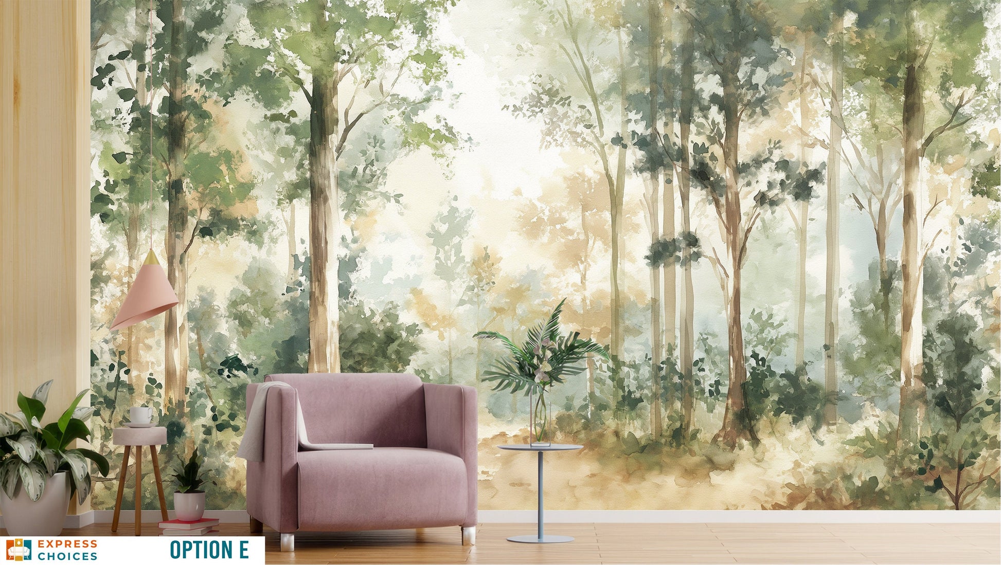 Watercolor Forest Self Adhesive Wallpaper – scale reference, Golden Era Walls