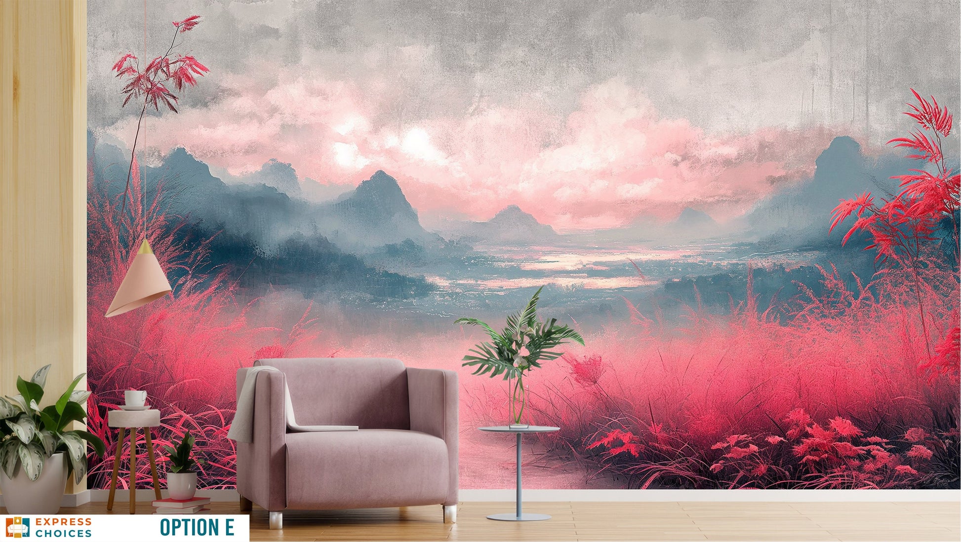 Watercolor Pink Forest Radiant Wallpaper – scale reference, Golden Era Walls