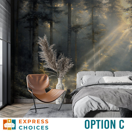 Woodland Misty Forest Landscape Wallpaper – lifestyle view, Golden Era Walls