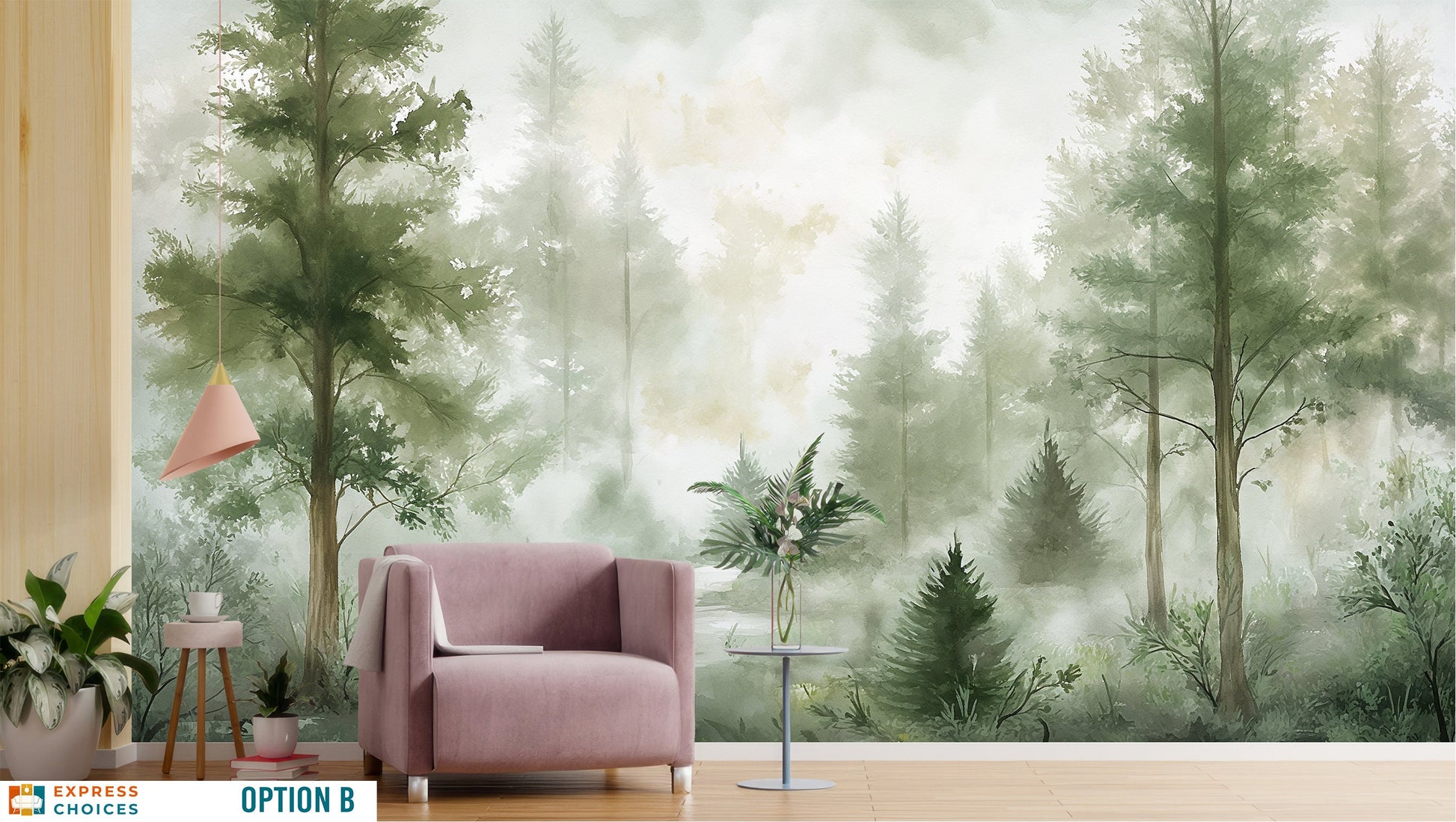 Winter Forest Coastal Wallpaper – room setting, Golden Era Walls