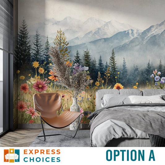 Mountain Trees Flowers Self Floral Wallpaper – peel and stick wallpaper mural, Golden Era Walls