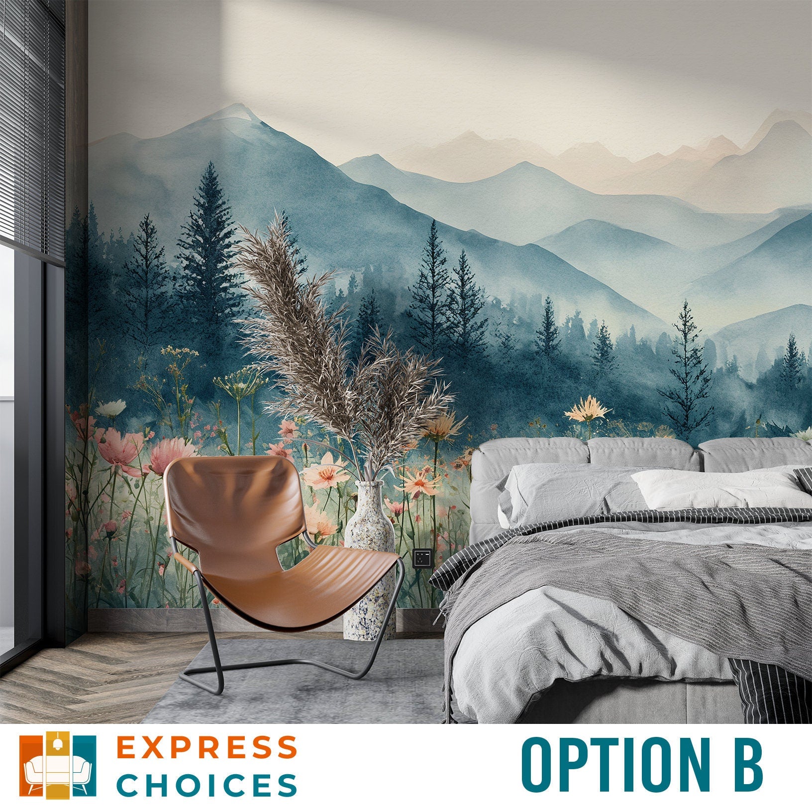 Mountain Trees Flowers Self Floral Wallpaper – room setting, Golden Era Walls