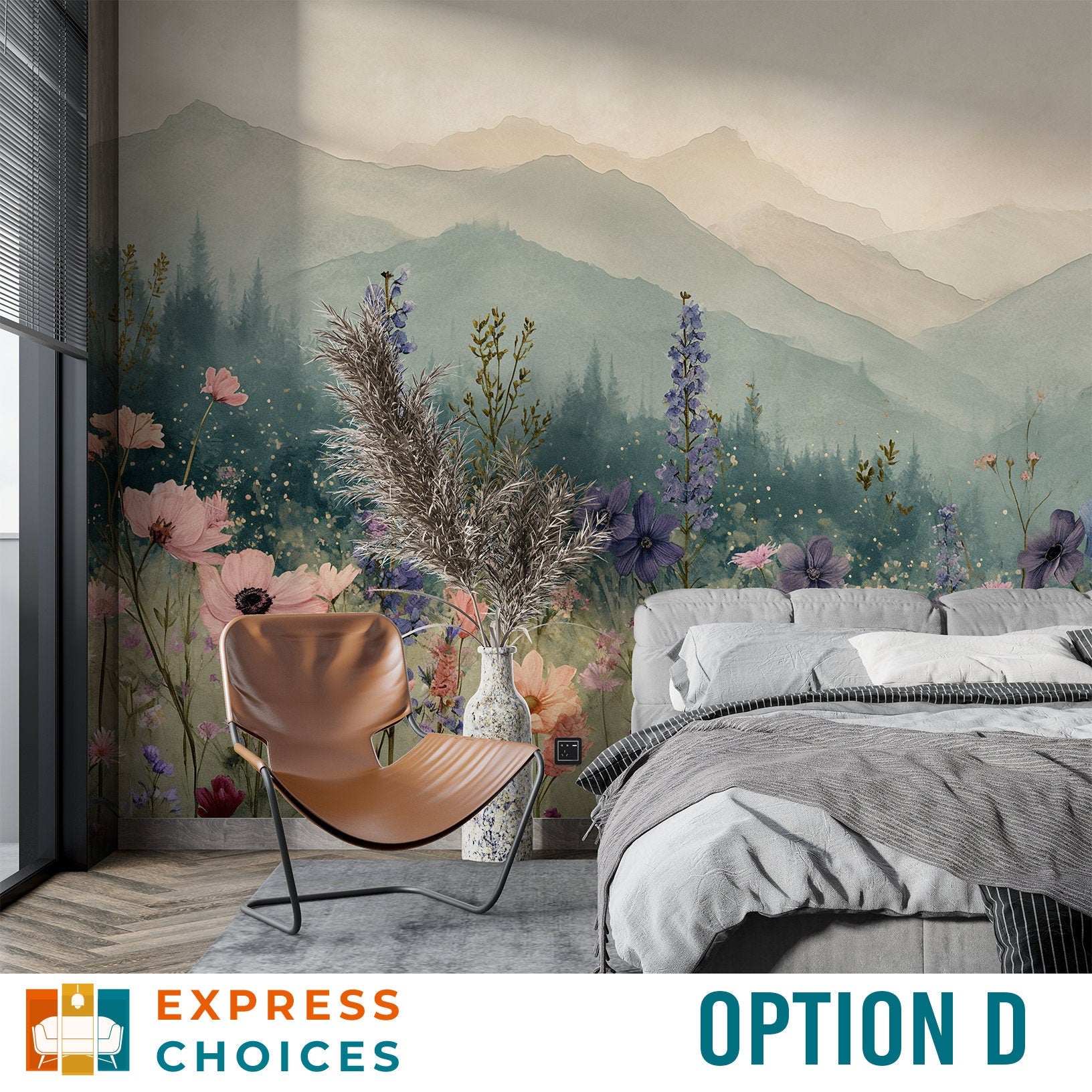Mountain Trees Flowers Self Floral Wallpaper – detail view, Golden Era Walls