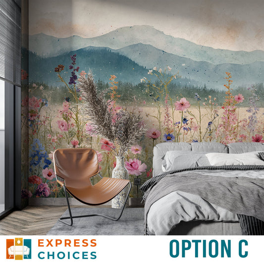 Mountain Trees Flowers Self Floral Wallpaper – lifestyle view, Golden Era Walls