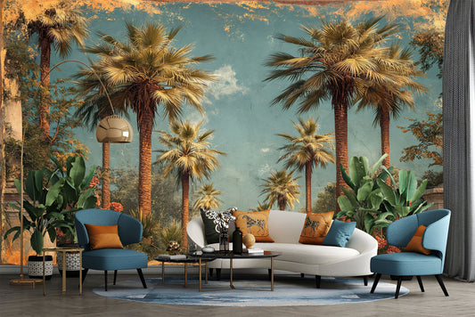 DIY Tropical Decor Fun Geometric Wallpaper – lifestyle view, Golden Era Walls
