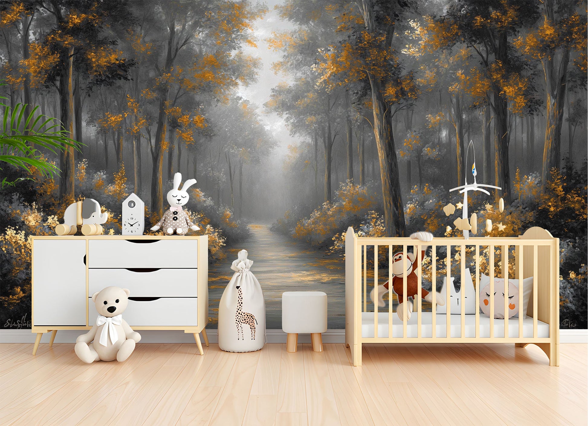 Foggy Forest Watercolor Trees Floral Wallpaper – scale reference, Golden Era Walls