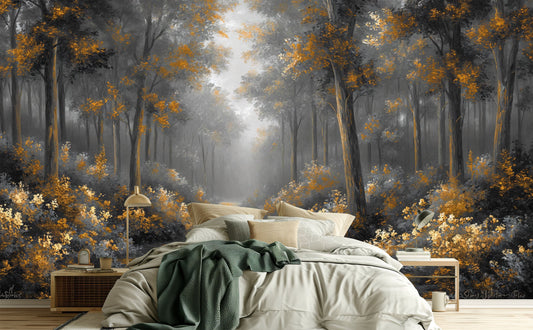 Foggy Forest Watercolor Trees Floral Wallpaper – room setting, Golden Era Walls