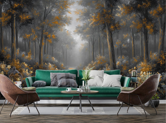 Foggy Forest Watercolor Trees Floral Wallpaper – peel and stick wallpaper mural, Golden Era Walls