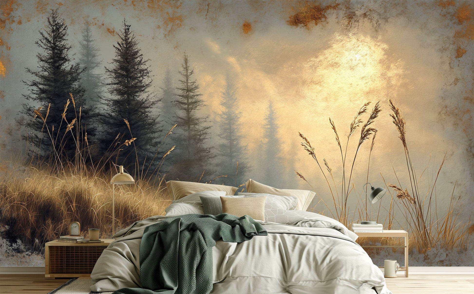 Golden Autumn Forest Path Geometric Wallpaper – peel and stick wallpaper mural, Golden Era Walls